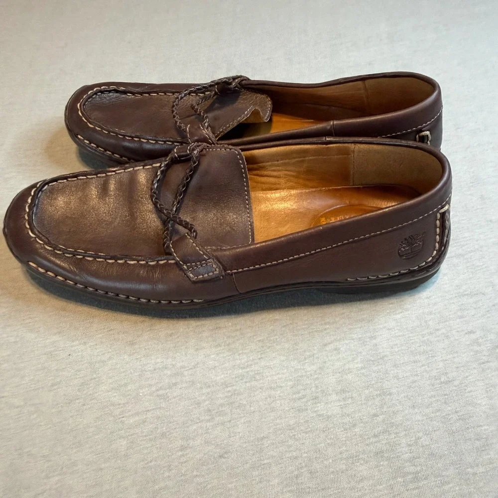 Timberland Smart Comfort Brown Leather Loafers Moc Toe Braided Slip On  8.5M